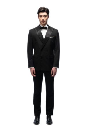 2-piece of Classic Black Silk Closure Collar Double Breasted Tuxedo