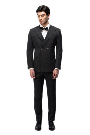 Black Striped Closure Collar Double Breasted Suit