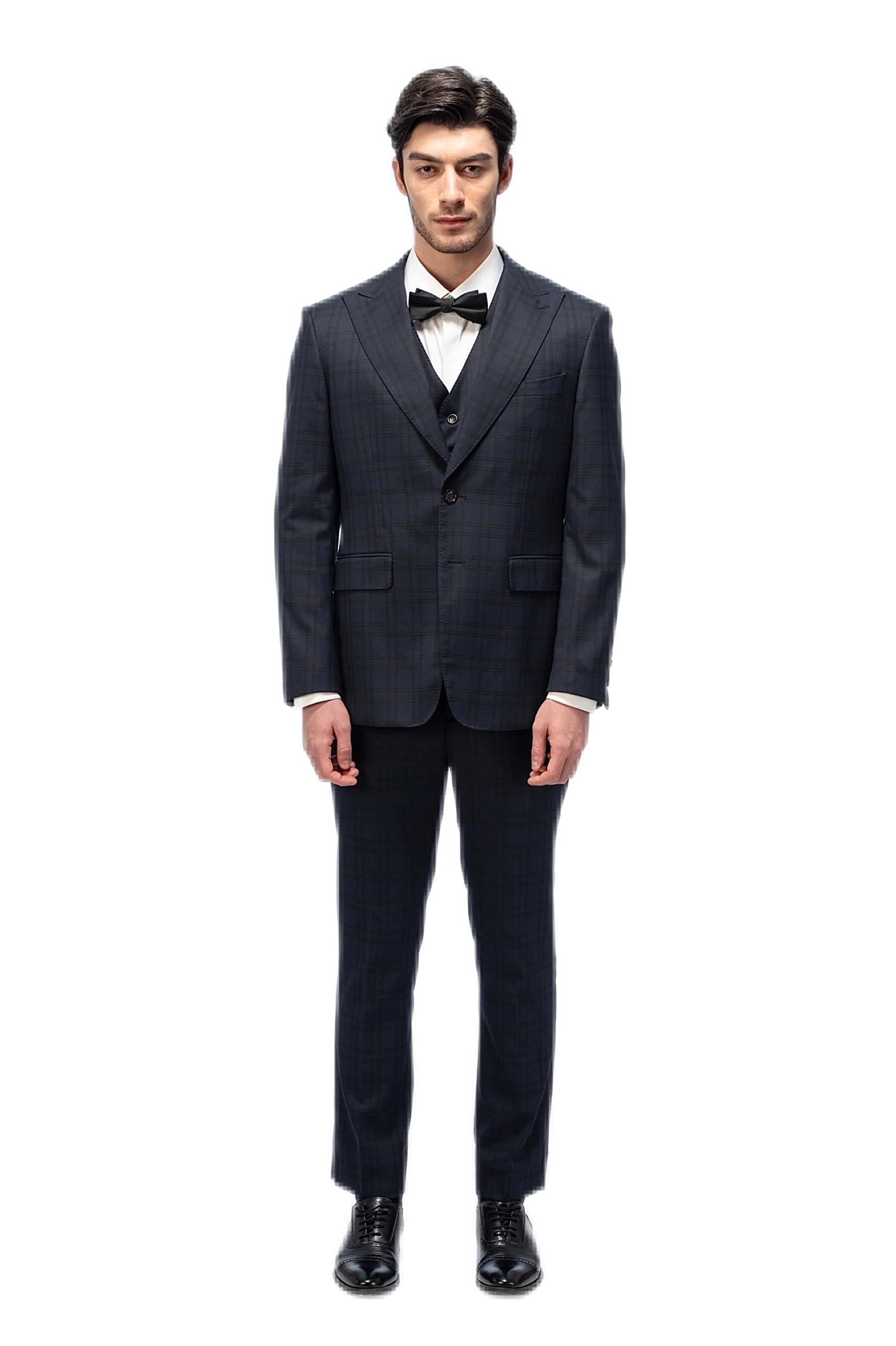 Dark Blue Plaid Closure Collar Suit