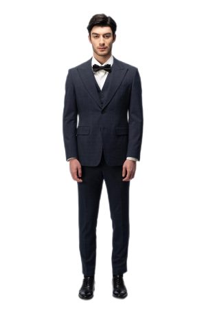 Dark Blue Plaid Closure Collar Suit