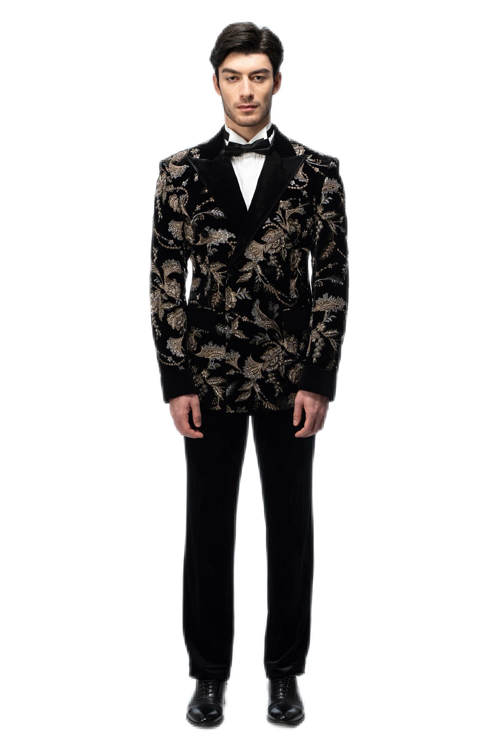 Gold Floral Embroidered Black Closure Collar Double Breasted Suit