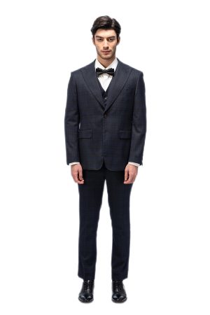 Dark Blue Plaid Closure Collar Suit
