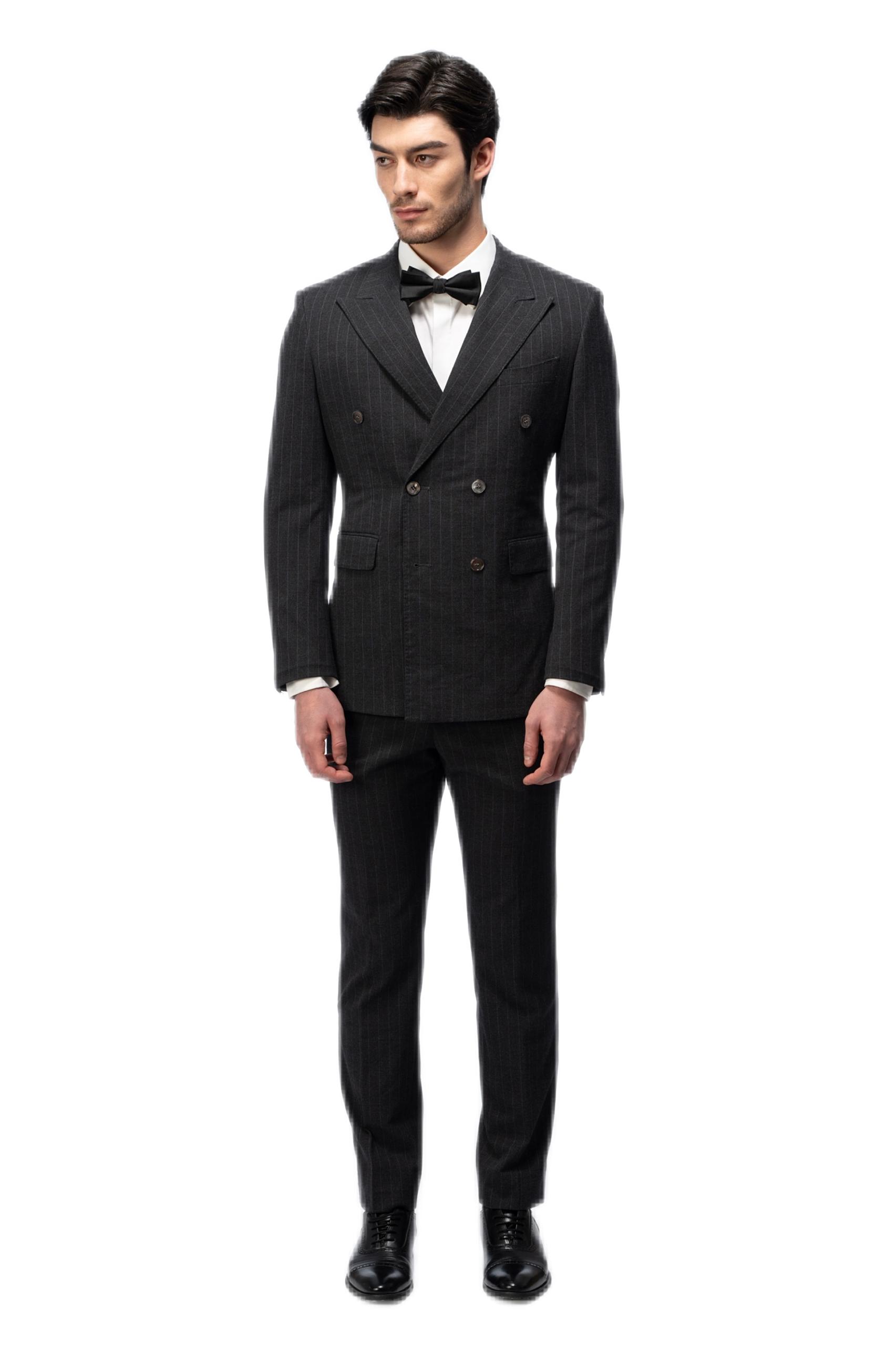 Black Striped Closure Collar Double Breasted Suit