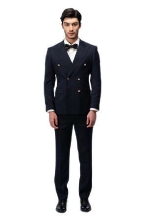 Navy Blue Closure Collar Double Breasted Suit