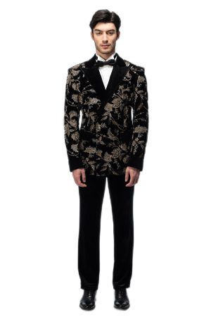 Gold Floral Embroidered Black Closure Collar Double Breasted Suit