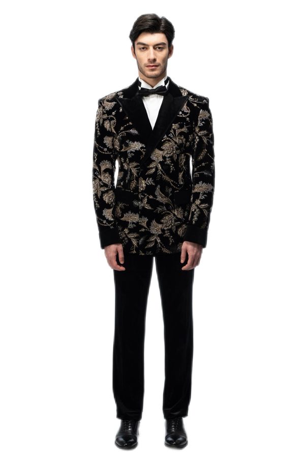 Gold Floral Embroidered Black Closure Collar Double Breasted Suit