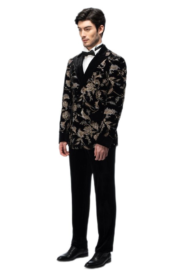 Gold Floral Embroidered Black Closure Collar Double Breasted Suit