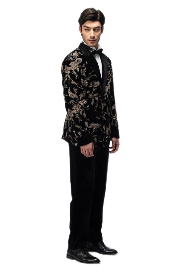 Gold Floral Embroidered Black Closure Collar Double Breasted Suit