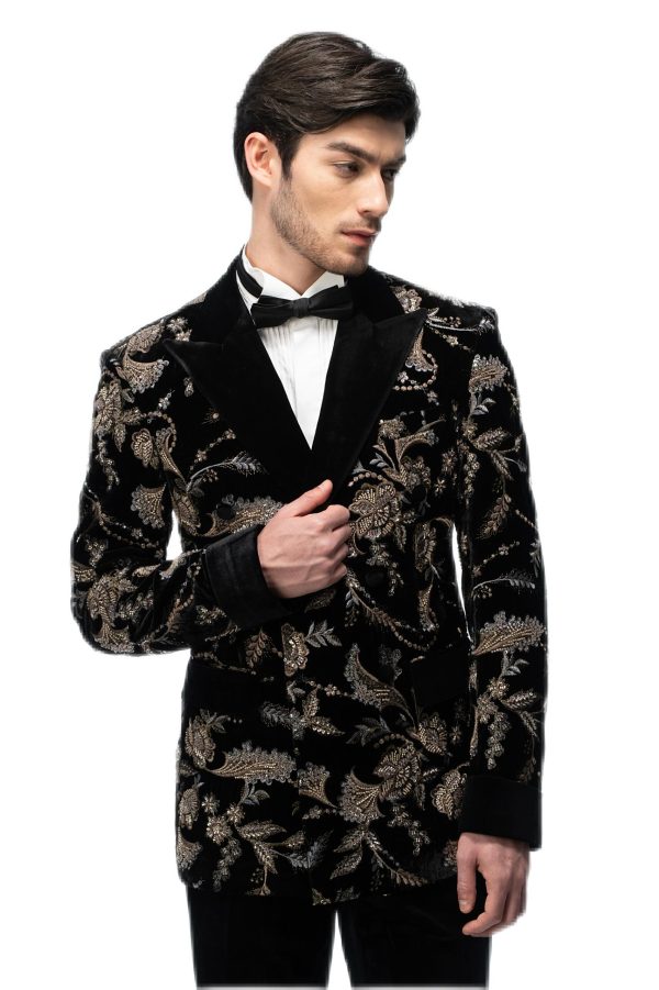 Gold Floral Embroidered Black Closure Collar Double Breasted Suit