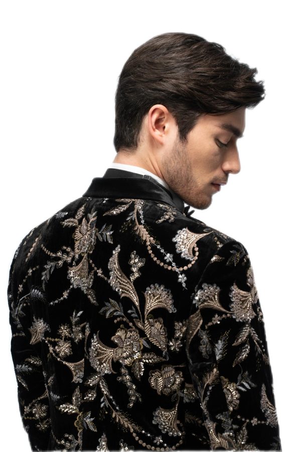 Gold Floral Embroidered Black Closure Collar Double Breasted Suit
