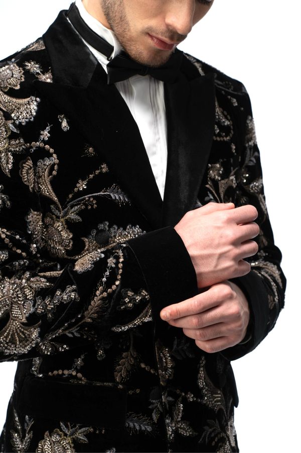 Gold Floral Embroidered Black Closure Collar Double Breasted Suit