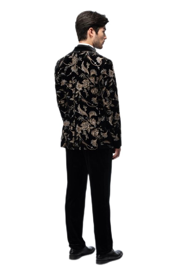 Gold Floral Embroidered Black Closure Collar Double Breasted Suit