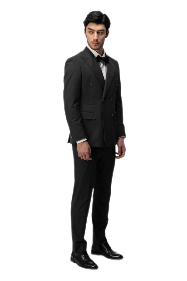 Dark Grey Closure Collar Double Breasted Suit