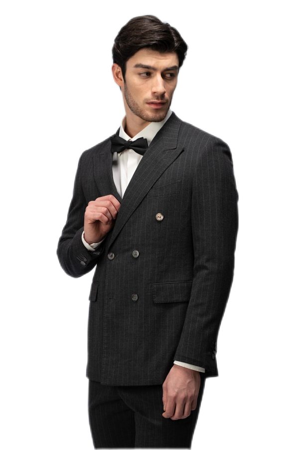 Black Striped Closure Collar Double Breasted Suit