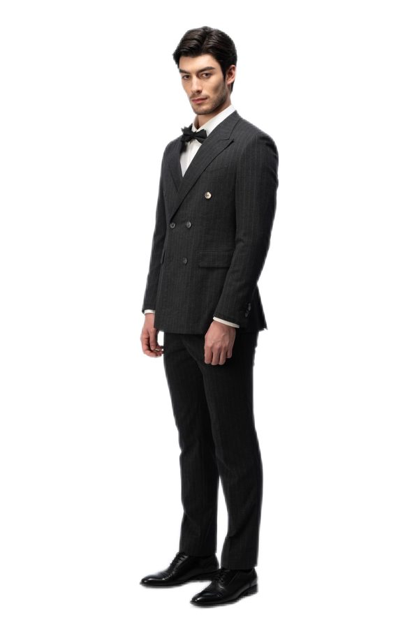 Black Striped Closure Collar Double Breasted Suit