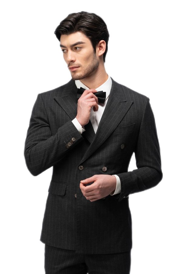 Black Striped Closure Collar Double Breasted Suit