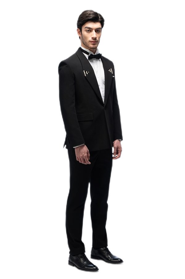 Black with Pearl Flat Collar Suit