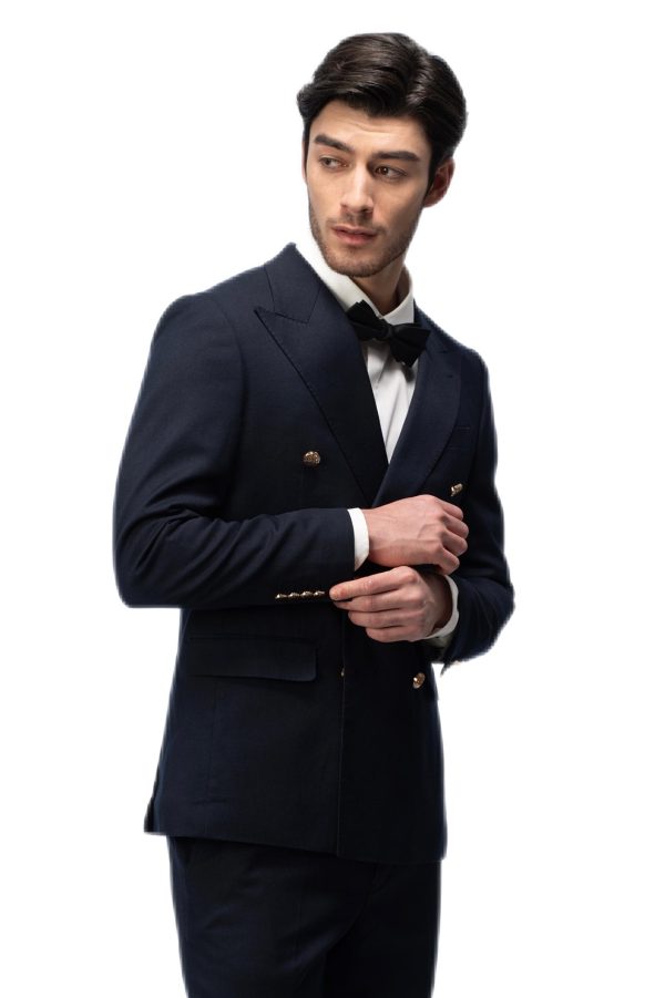 Navy Blue Closure Collar Double Breasted Suit