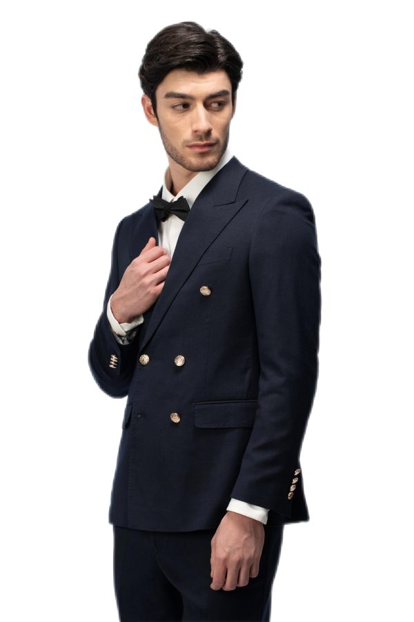 Navy Blue Closure Collar Double Breasted Suit