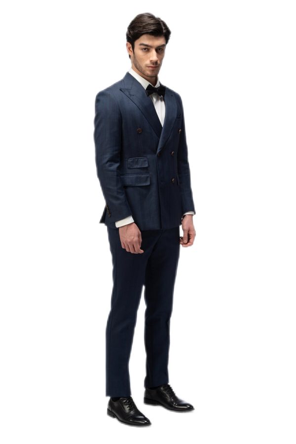 Navy Blue Striped Closure Collar Double Breasted Suit