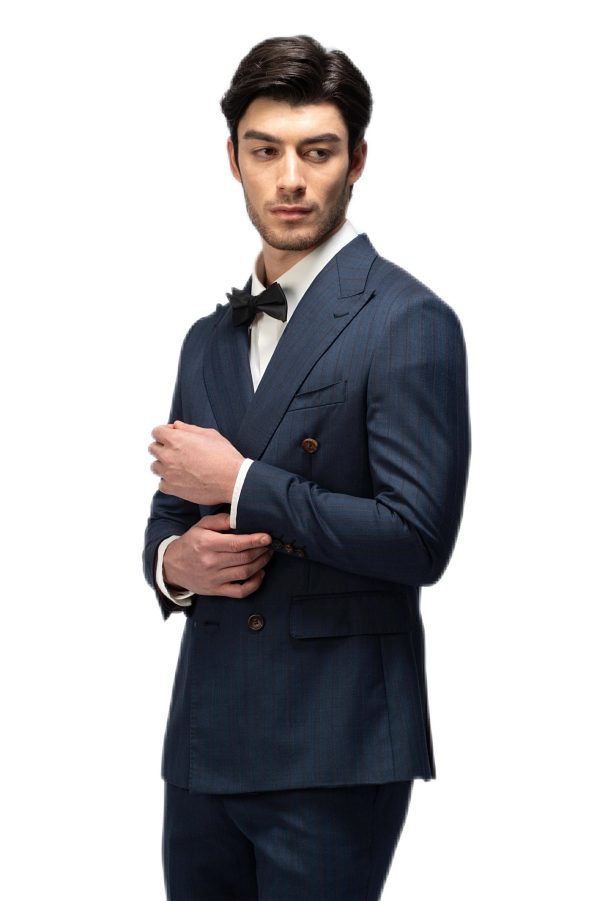 Navy Blue Striped Closure Collar Double Breasted Suit