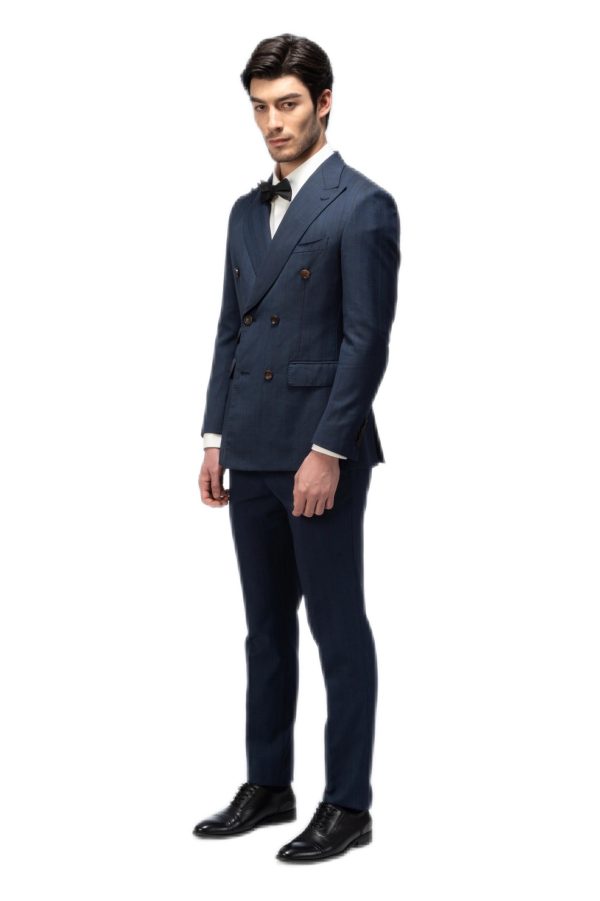 Navy Blue Striped Closure Collar Double Breasted Suit