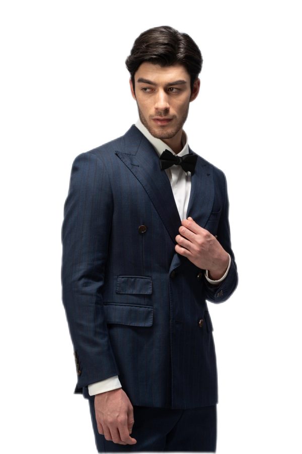 Navy Blue Striped Closure Collar Double Breasted Suit