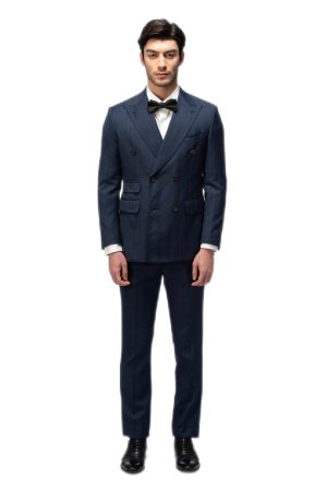 Navy Blue Striped Closure Collar Double Breasted Suit