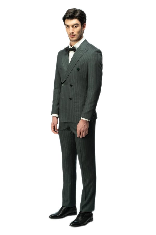 Forest Green Striped Closure Collar Double Breasted Suit