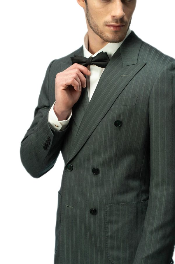 Forest Green Striped Closure Collar Double Breasted Suit