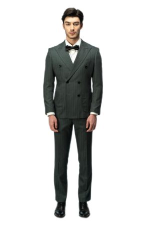Forest Green Striped Closure Collar Double Breasted Suit