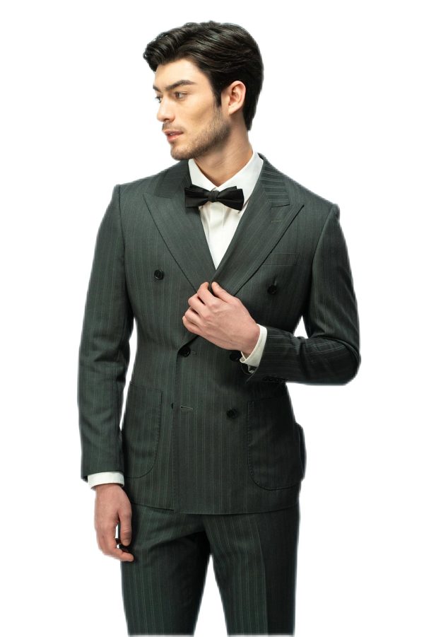 Forest Green Striped Closure Collar Double Breasted Suit