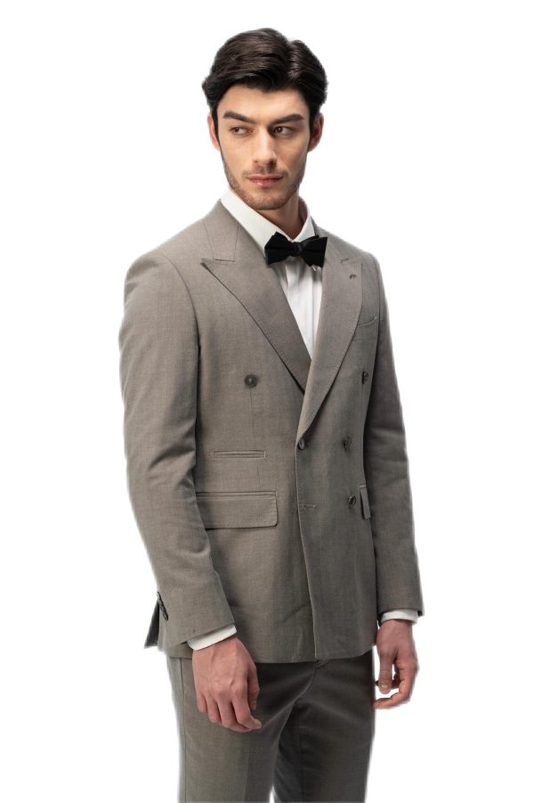 Taupe Closure Collar Double Breasted Suit