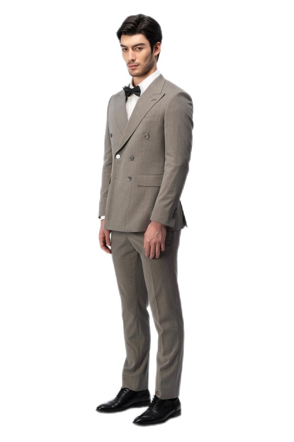 Taupe Closure Collar Double Breasted Suit