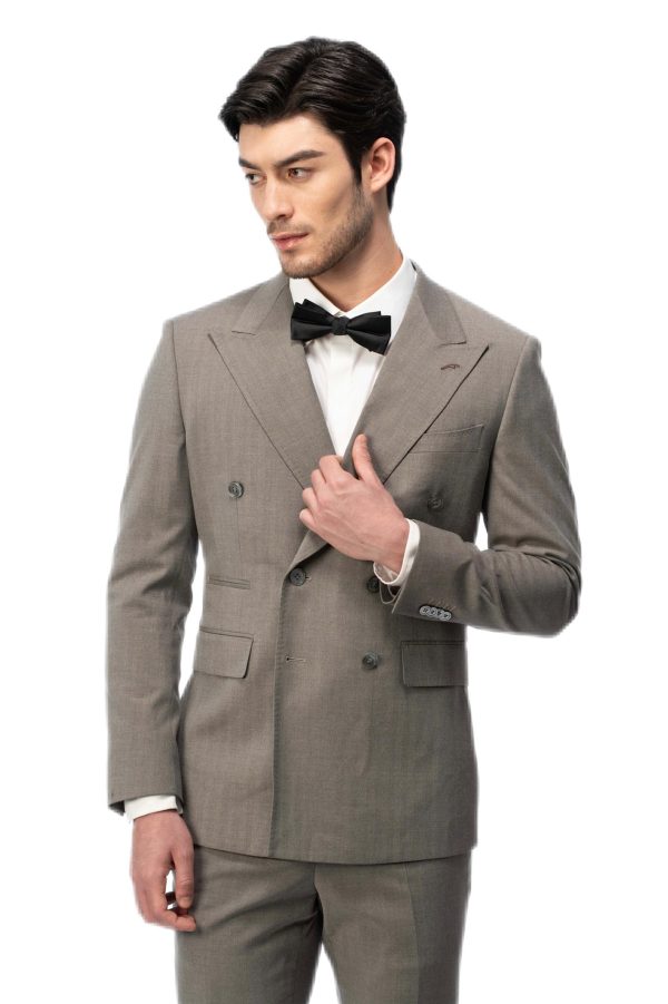 Taupe Closure Collar Double Breasted Suit