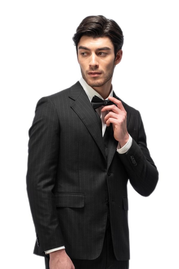 Black Striped Closure Collar Double Breasted Suit