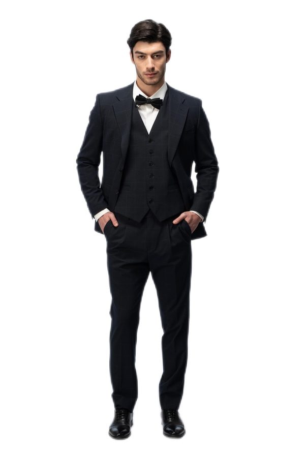 Navy Blue Grid Flat Collar Suit