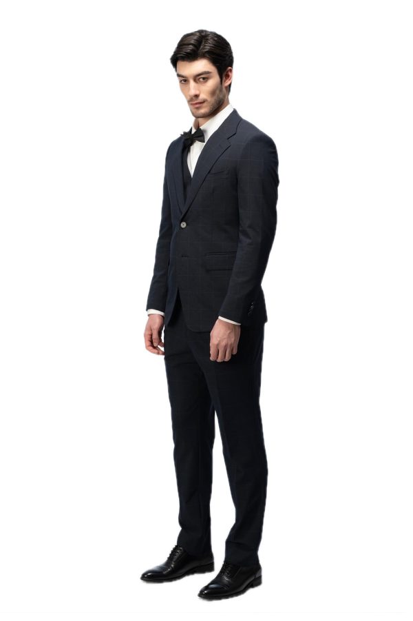 Navy Blue Grid Flat Collar Suit