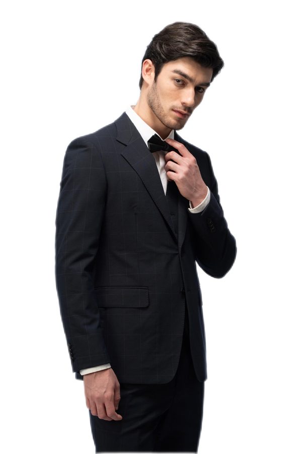 Navy Blue Grid Flat Collar Suit