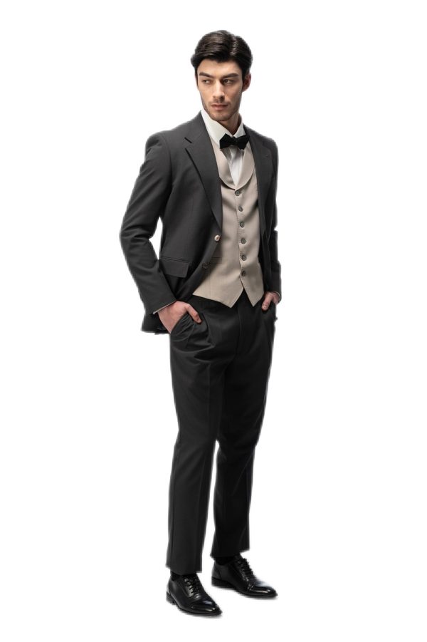 Dark Grey Flat Collar with Brown Vest Suit