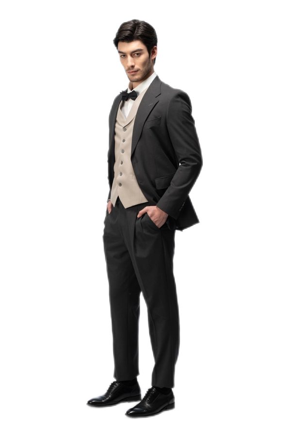 Dark Grey Flat Collar with Brown Vest Suit