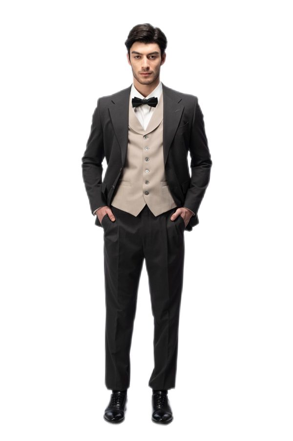 Dark Grey Flat Collar with Brown Vest Suit