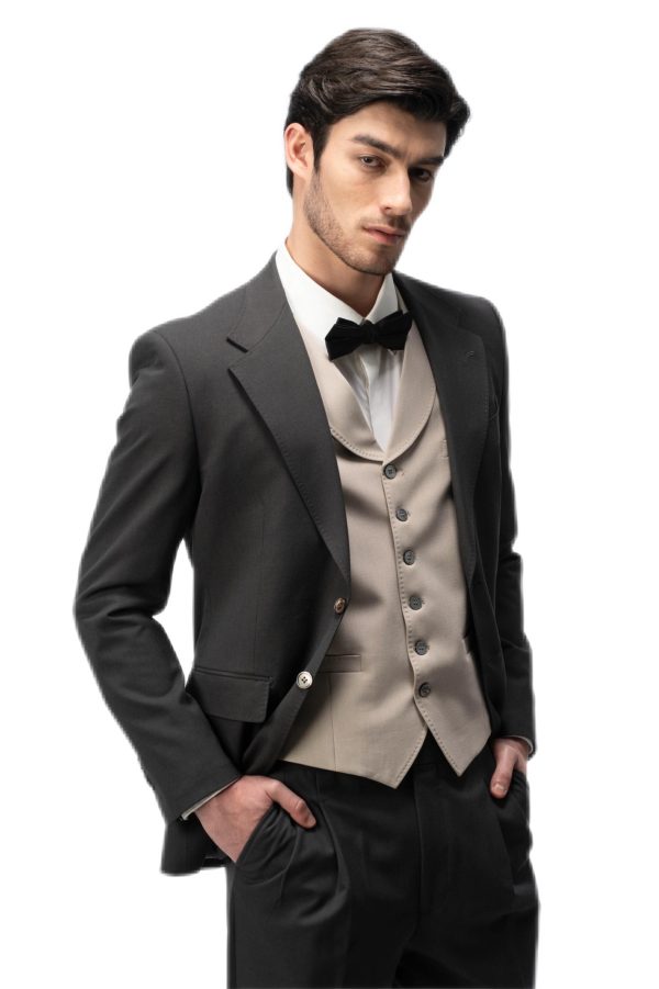 Dark Grey Flat Collar with Brown Vest Suit