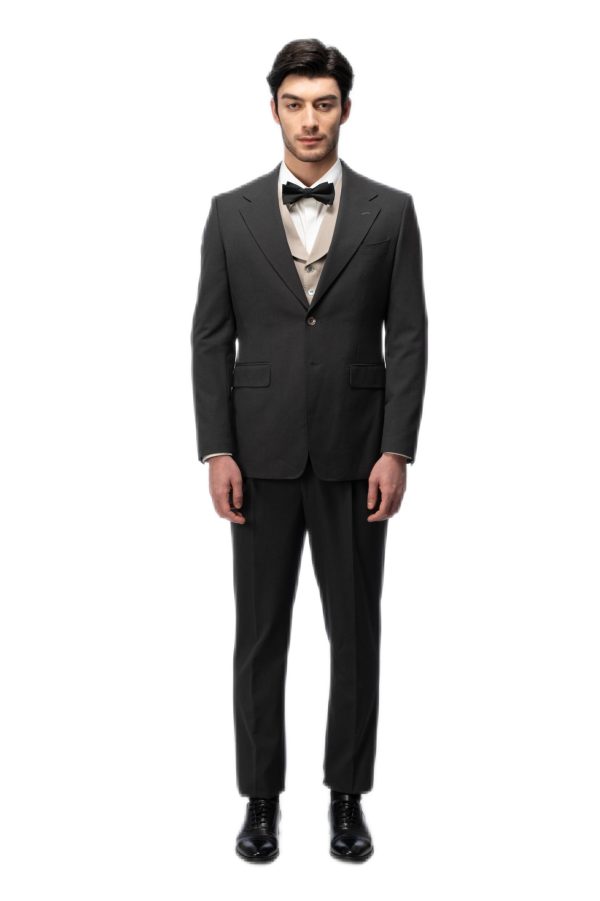 Dark Grey Flat Collar with Brown Vest Suit