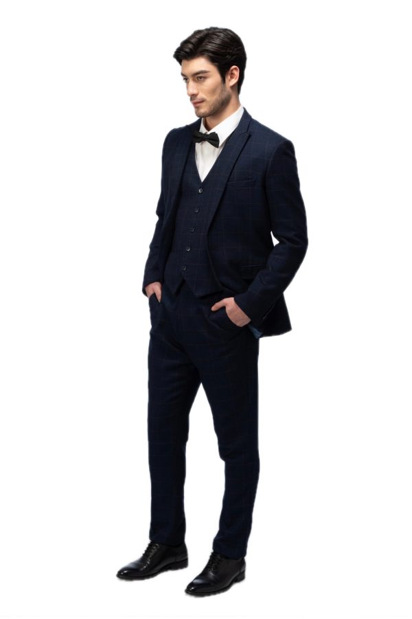 Dark Blue Grid Closure Collar Suit