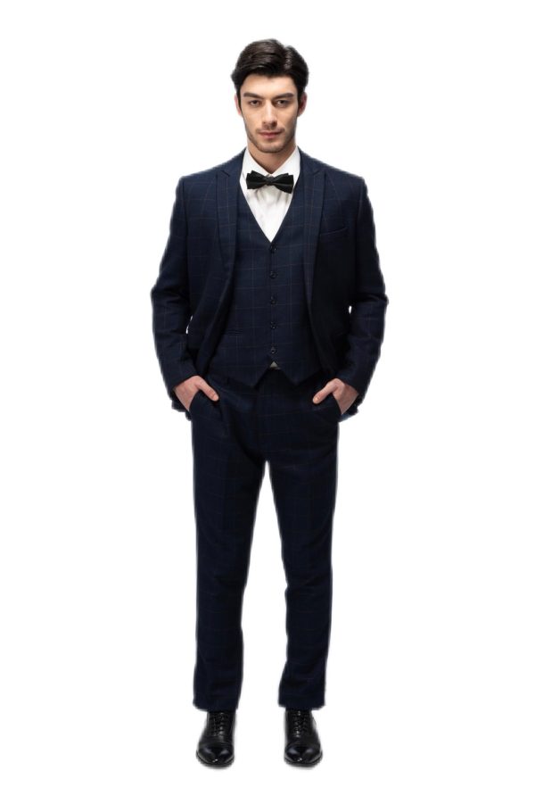 Dark Blue Grid Closure Collar Suit