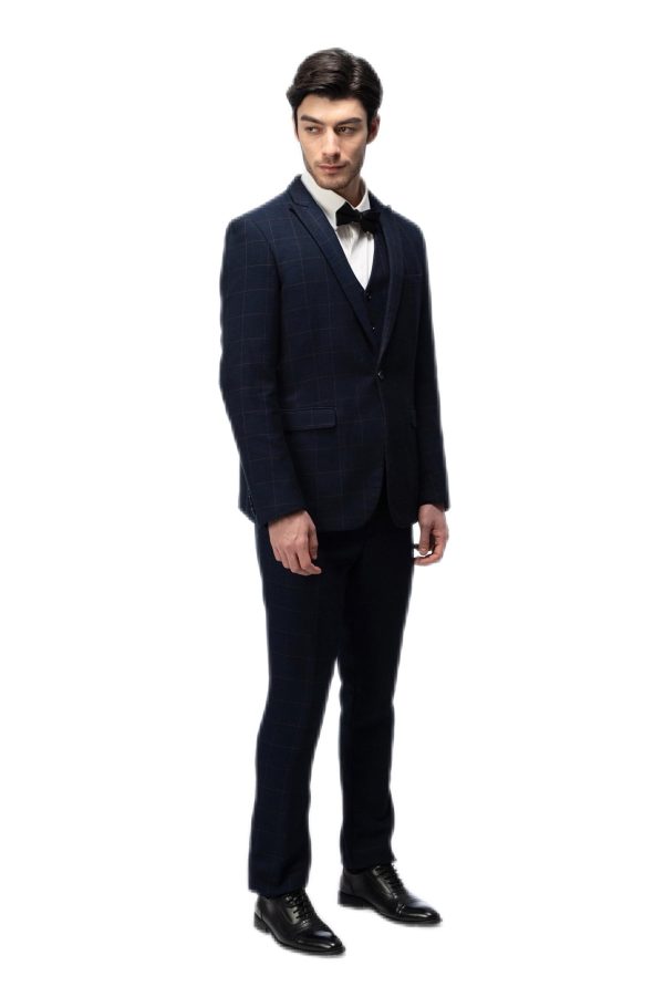 Dark Blue Grid Closure Collar Suit