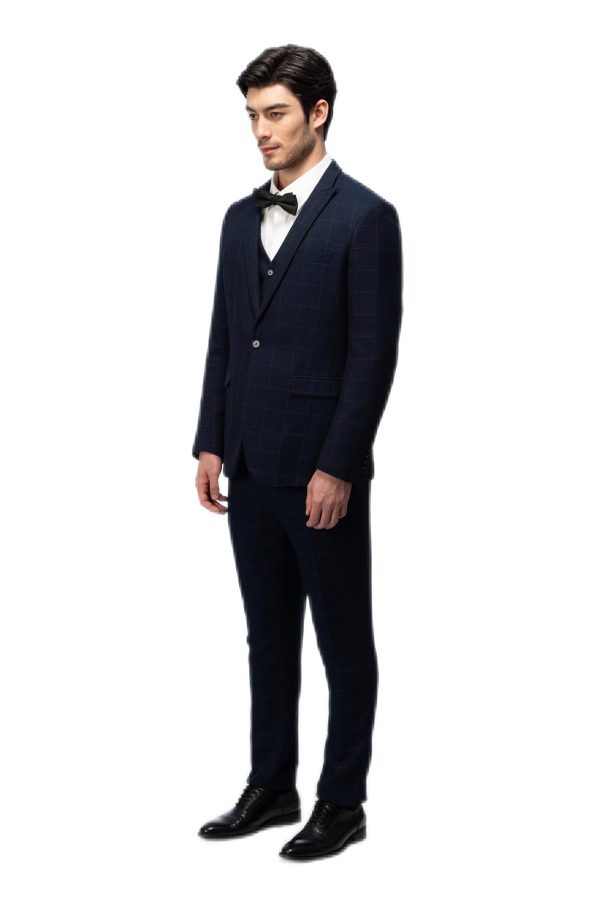 Dark Blue Grid Closure Collar Suit
