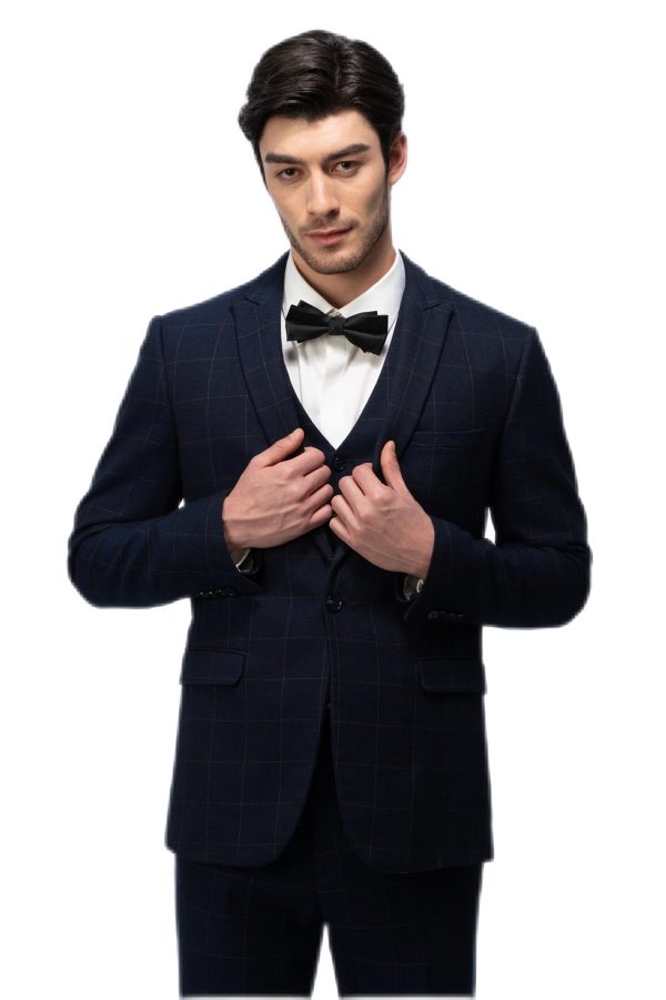 Dark Blue Grid Closure Collar Suit