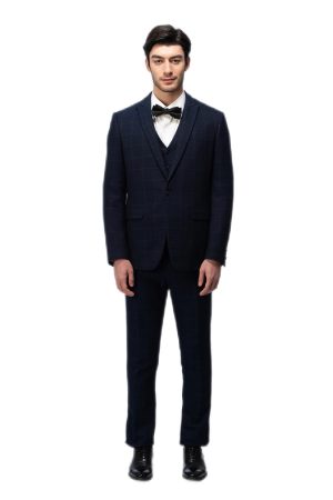 Dark Blue Grid Closure Collar Suit